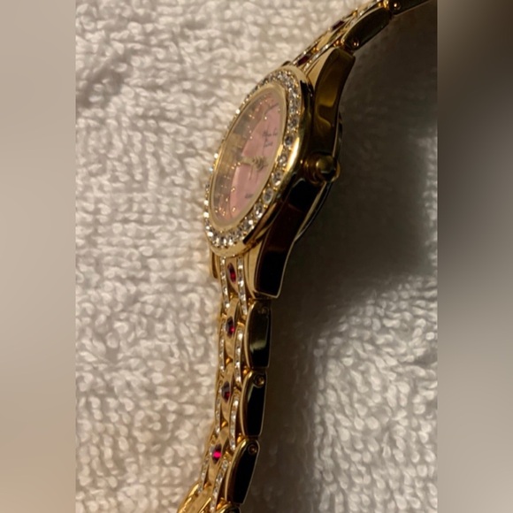 #J946 - Main Line Time Brand Gold-tone w/Red & Clear CZ Accents Ladies Watch - Picture 7 of 13